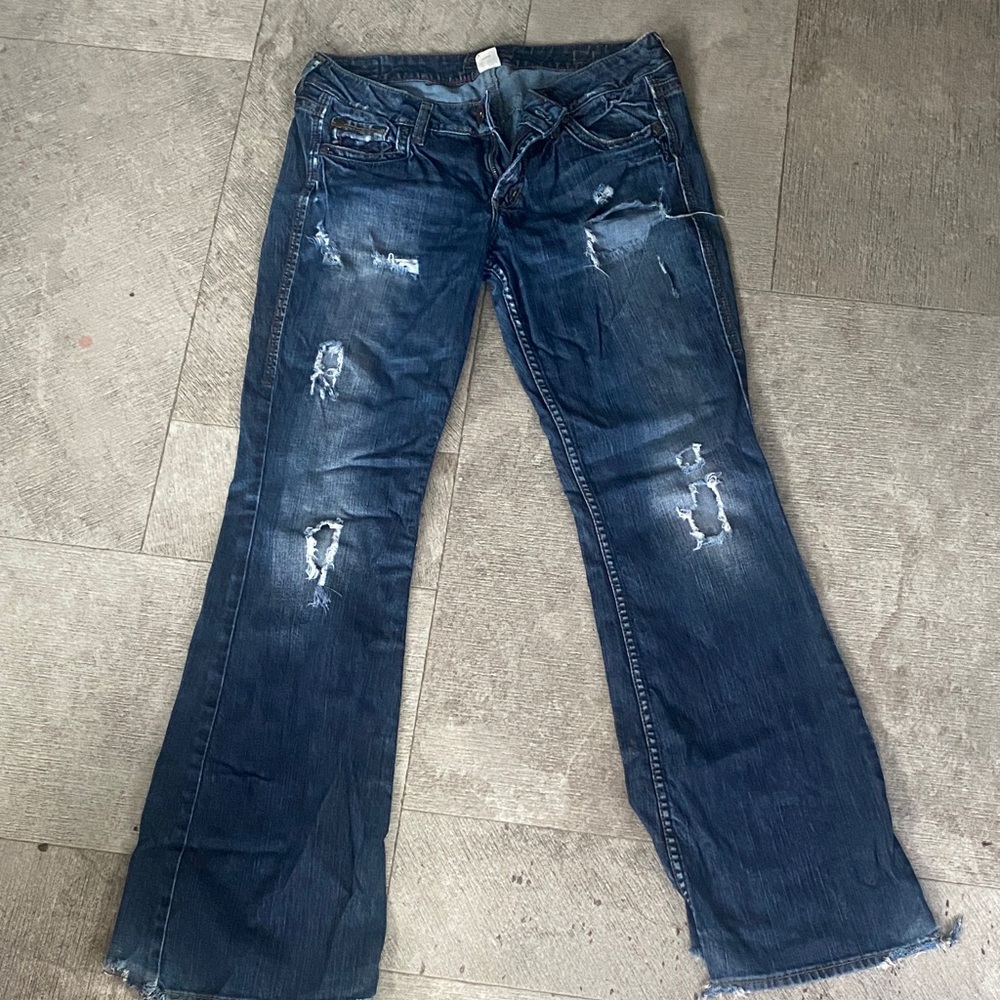 Silver Jeans Dark Blue Distressed Flare Jeans